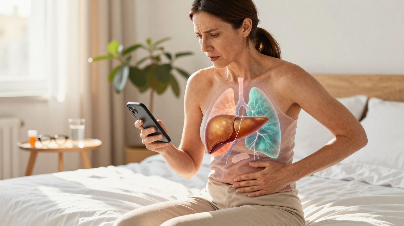 Mulher sentada na cama segurando celular e com imagem digital de fígado e pulmões destacada no corpo.
