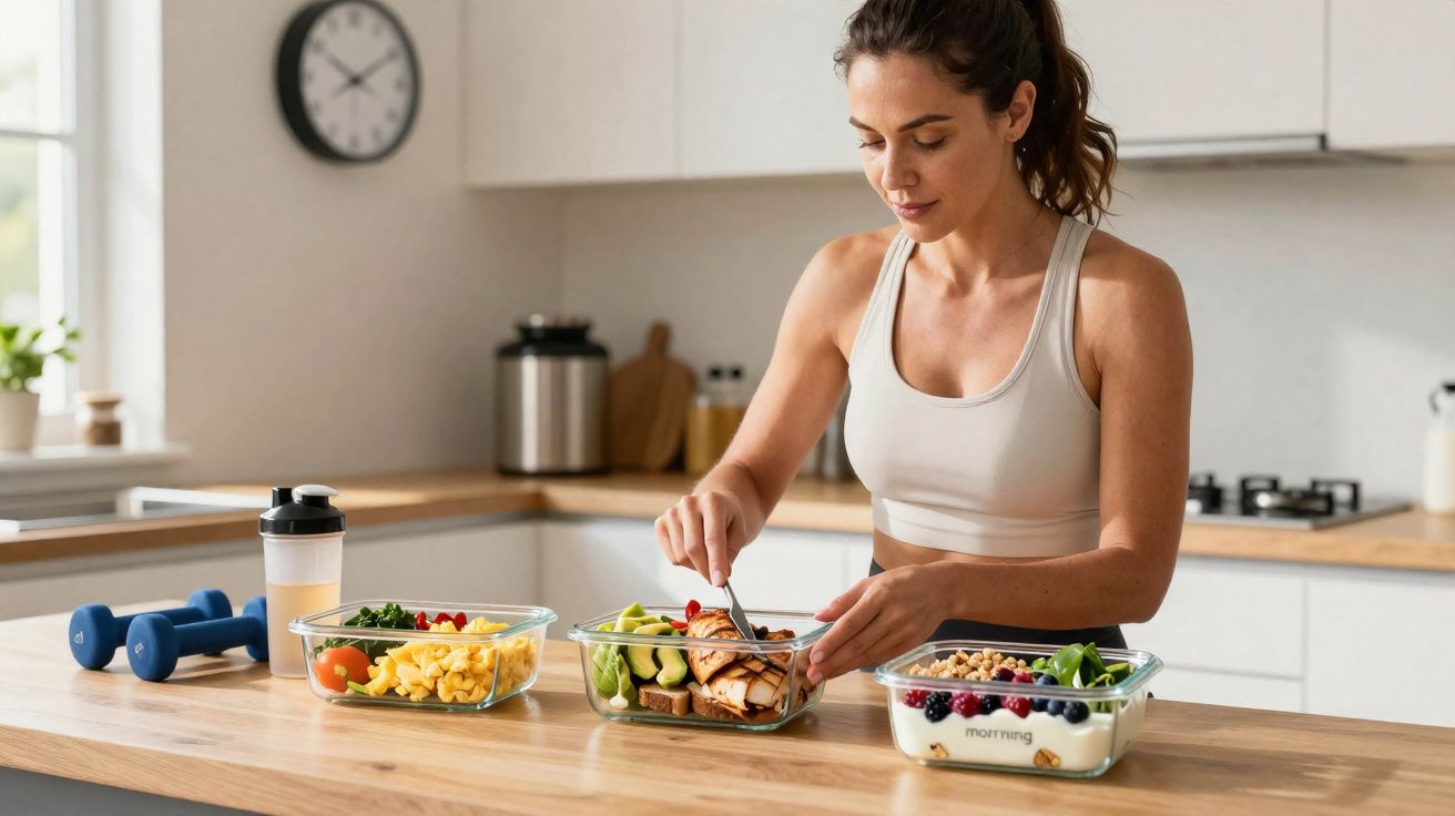 Mulher preparando refeição saudável com legumes e frutas na cozinha moderna e clara.