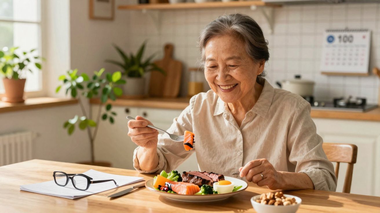 Mulher idosa sorrindo enquanto come salmão cru em prato na cozinha iluminada e organizada.
