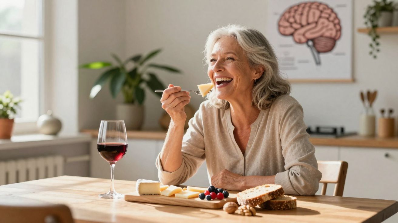 Mulher sorridente com cabelos grisalhos comendo queijo, com taça de vinho e petiscos à mesa em cozinha iluminada.