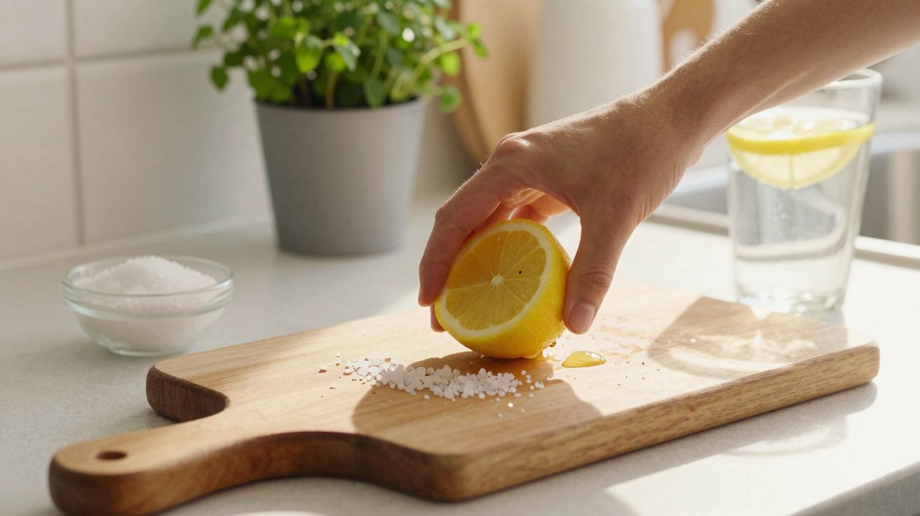 Mão espremendo meio limão sobre sal grosso em tábua de madeira em ambiente de cozinha iluminada.