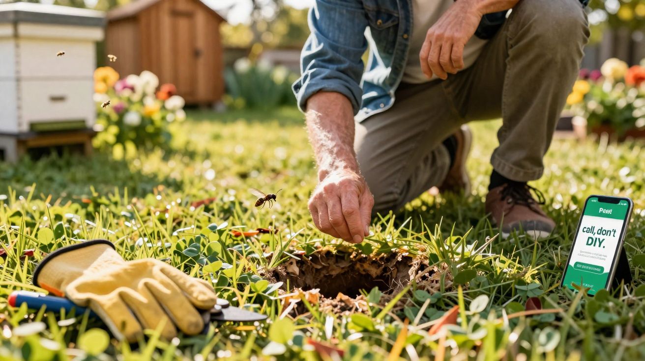 Pessoa examinando um ninho de vespas no jardim com aparelho móvel e equipamentos de jardinagem ao lado.