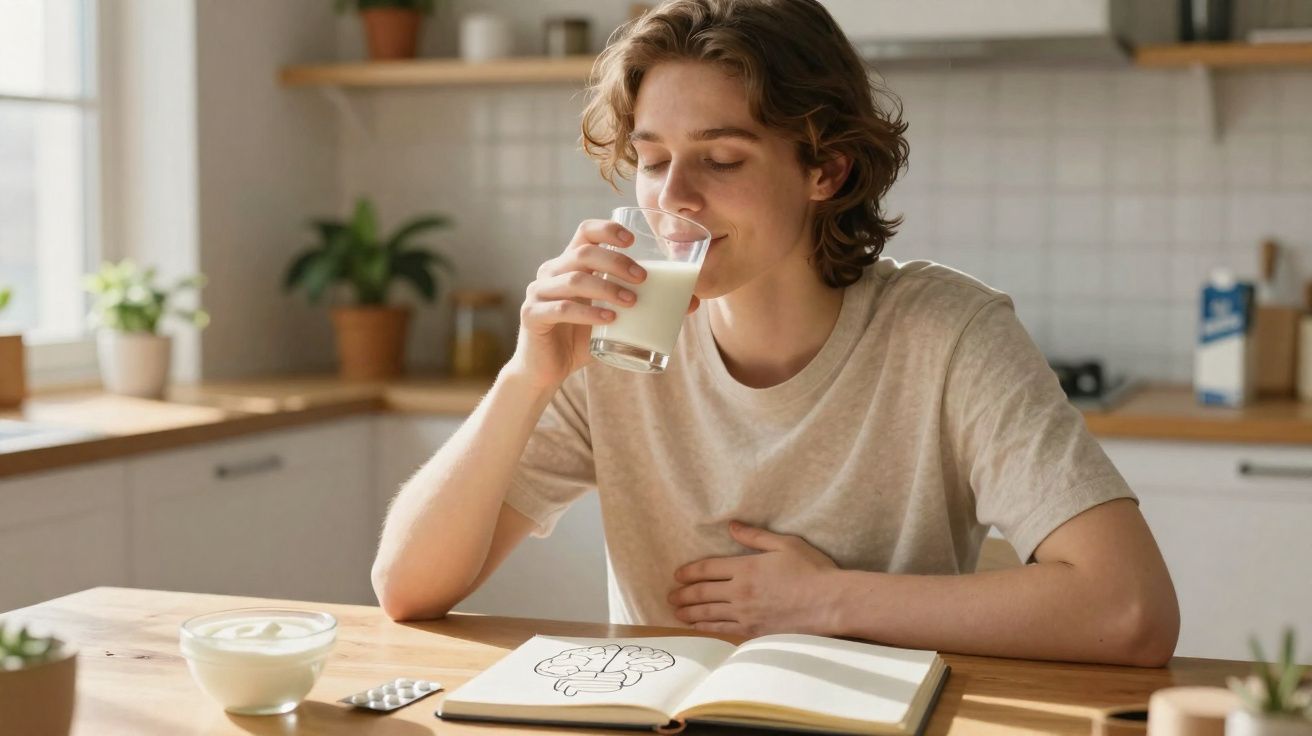 Jovem sentado à mesa bebendo leite, com livro aberto e remédios à sua frente em cozinha iluminada.