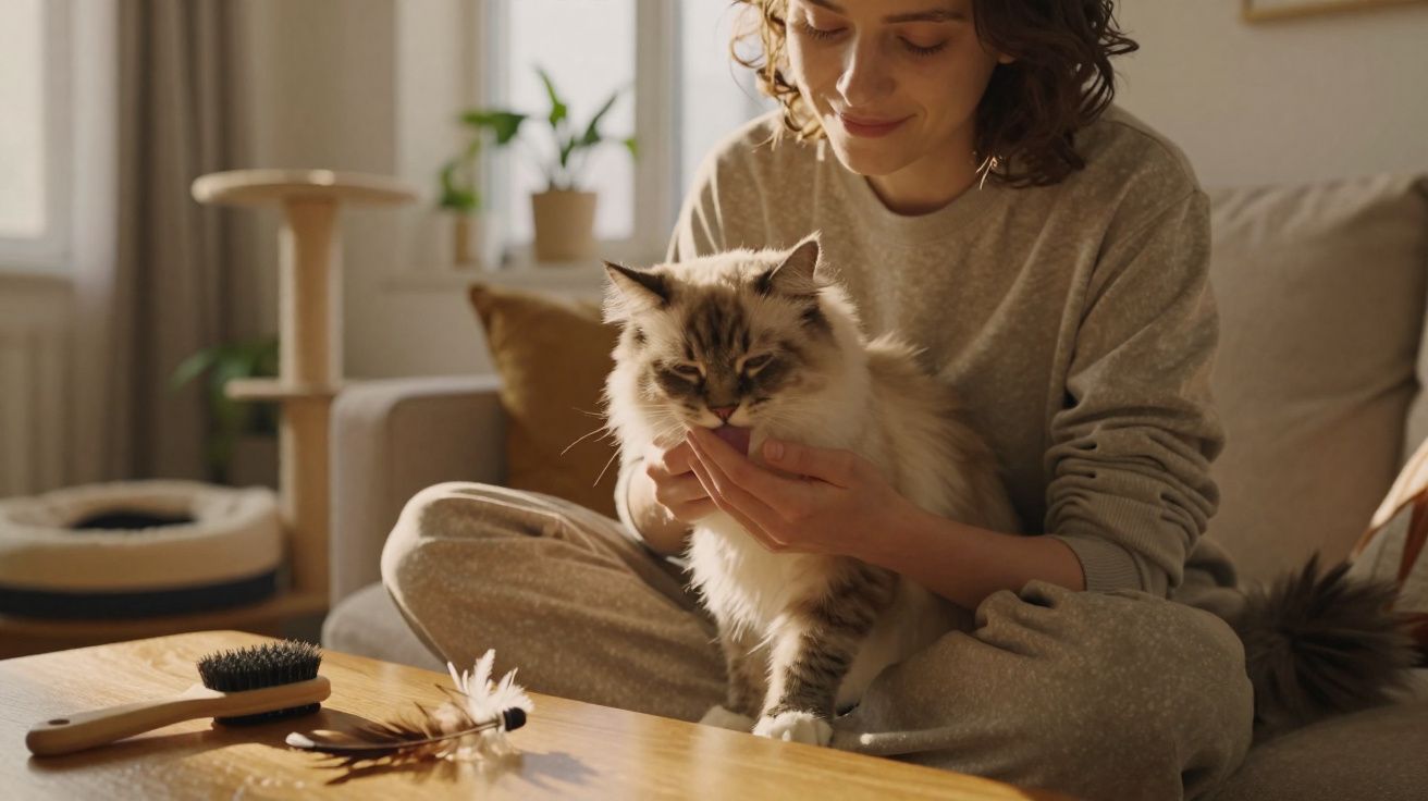 Jovem sentada no chão acariciando um gato peludo em ambiente iluminado e aconchegante.