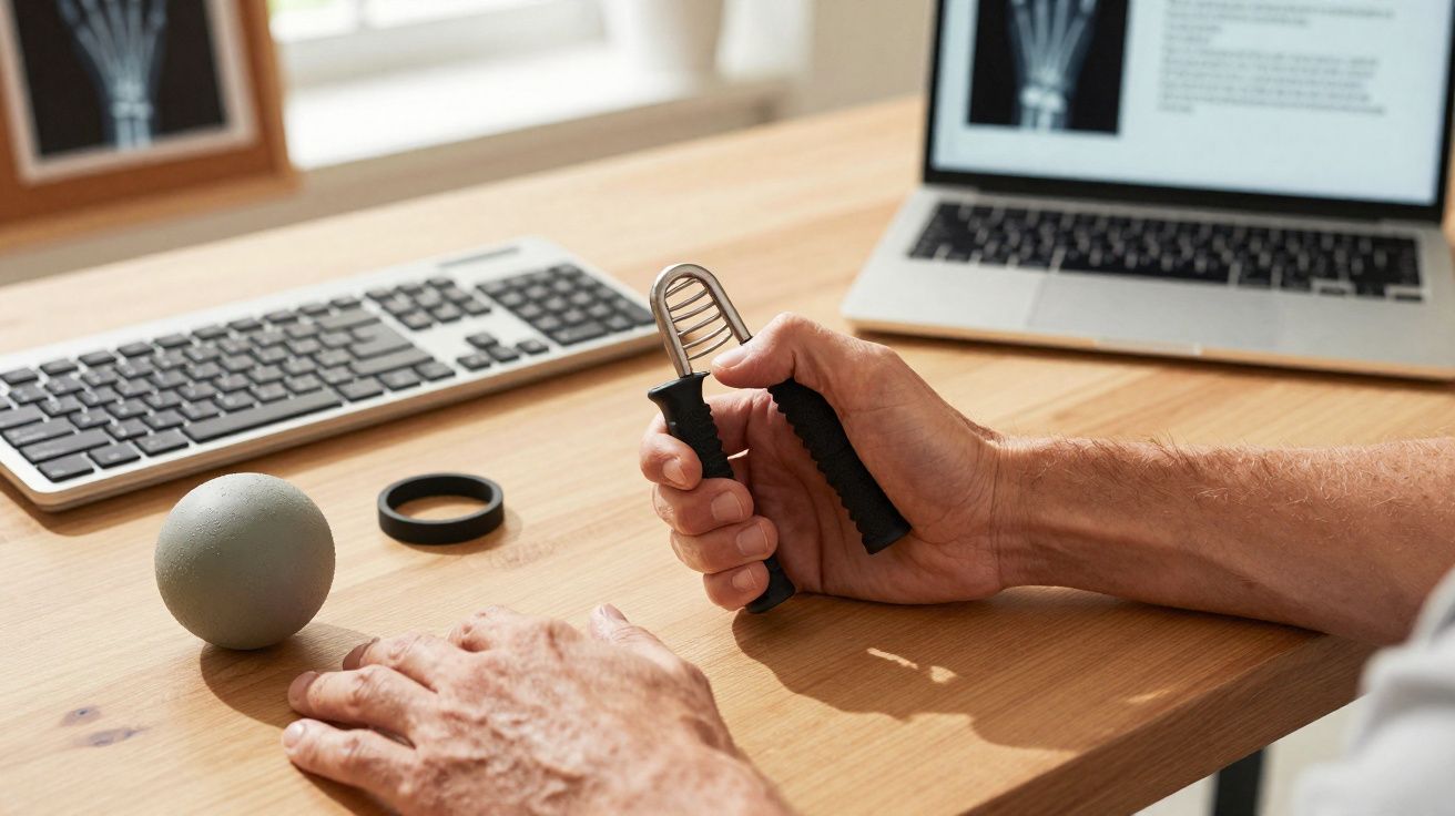 Pessoa usando pegador de mão em mesa com teclado, laptop e bola para exercícios de reabilitação.