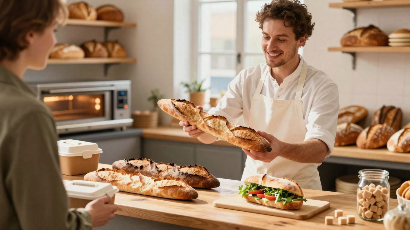 Vendedor sorridente entrega pão francês a cliente em padaria com variedade de pães no balcão.