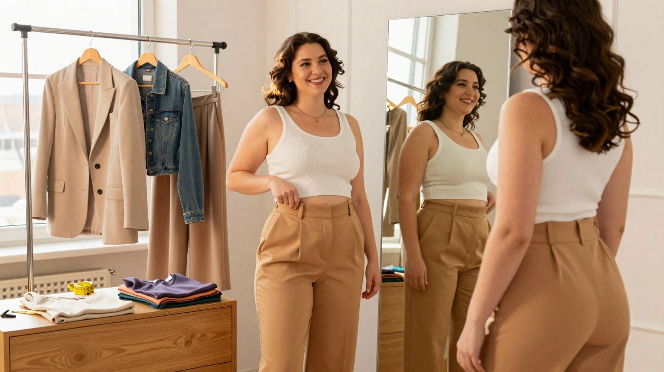 Mulher sorrindo experimenta calça bege em frente ao espelho em quarto claro com roupas penduradas e dobradas.