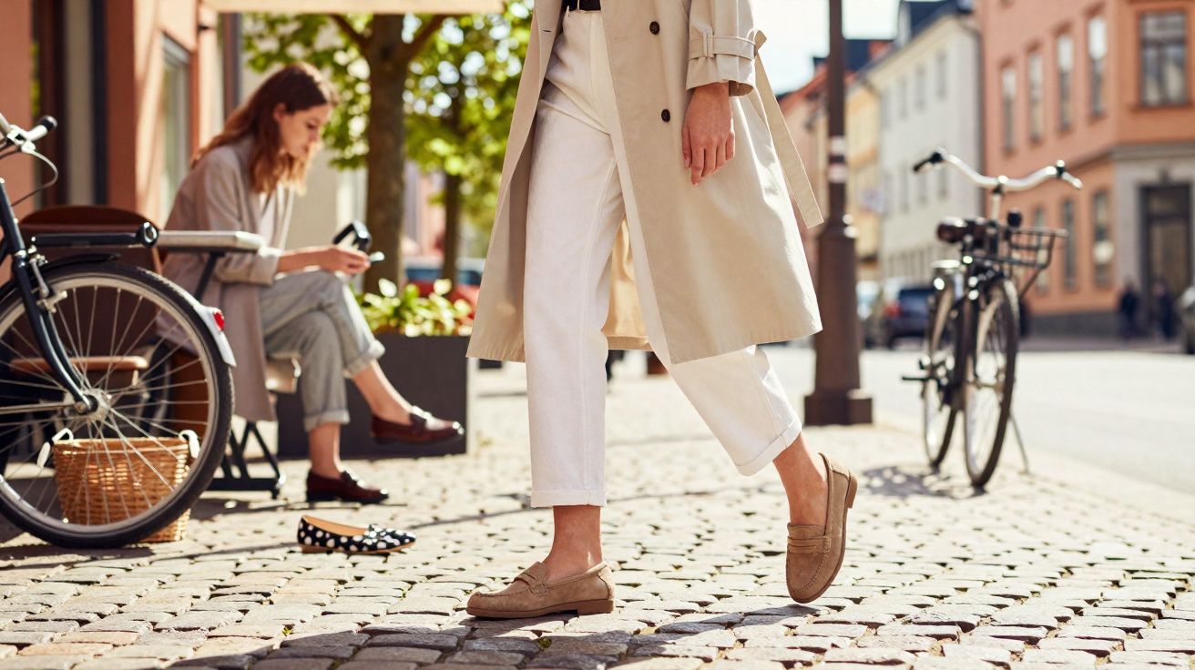 Pessoa caminhando com casaco bege e calça clara em calçamento de pedra, com outra sentada ao fundo em área urbana.