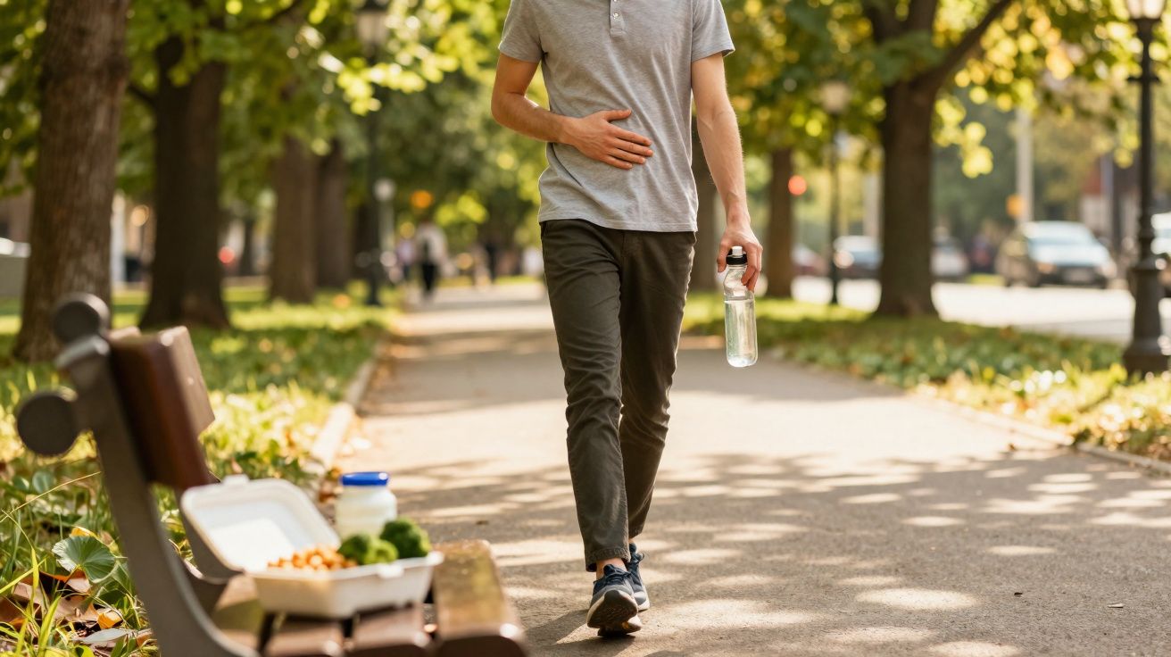 Homem caminhando em parque com camiseta cinza, segurando garrafa de água transparente.