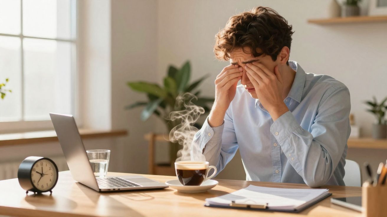 Jovem sentado à mesa com laptop, segurando o rosto cansado e uma xícara de café fumegante à sua frente.