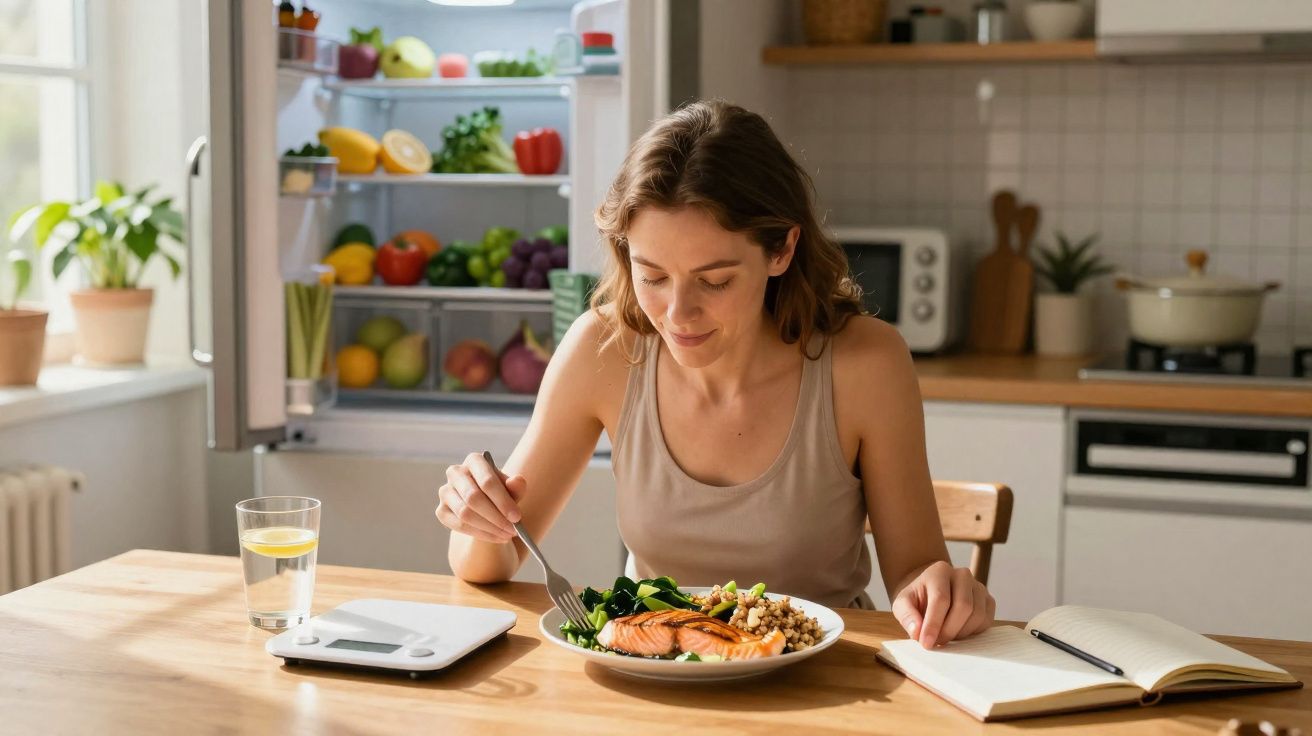 Mulher sentada à mesa com prato de salmão, verduras, copo de água, balança e caderno aberto em cozinha.