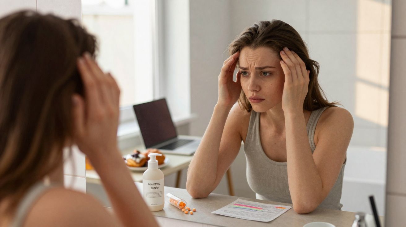 Mulher preocupada olhando no espelho, com remédios e documento sobre a mesa à sua frente.