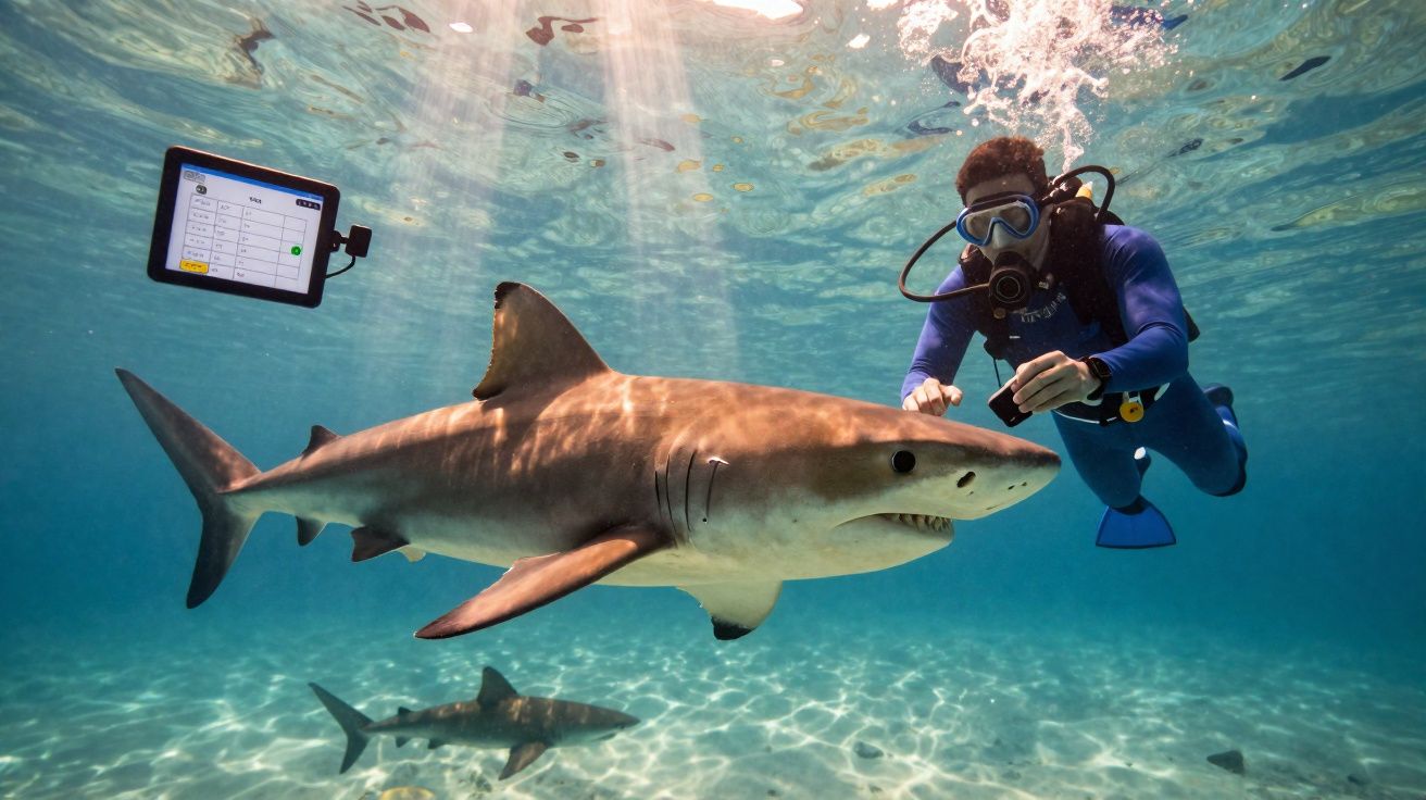 Mergulhador com equipamento completo próximo a tubarão em águas claras, com dispositivo flutuando à esquerda.
