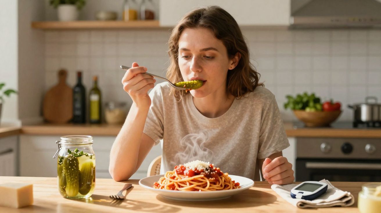 Mulher sentada na cozinha prestes a comer macarrão com molho, com pote de picles e aparelho de medição ao lado.