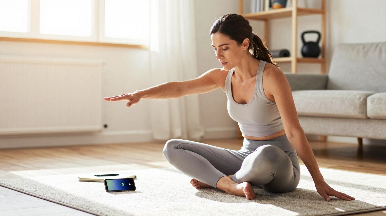 Mulher praticando alongamento sentada no chão da sala assistindo a vídeo no celular.