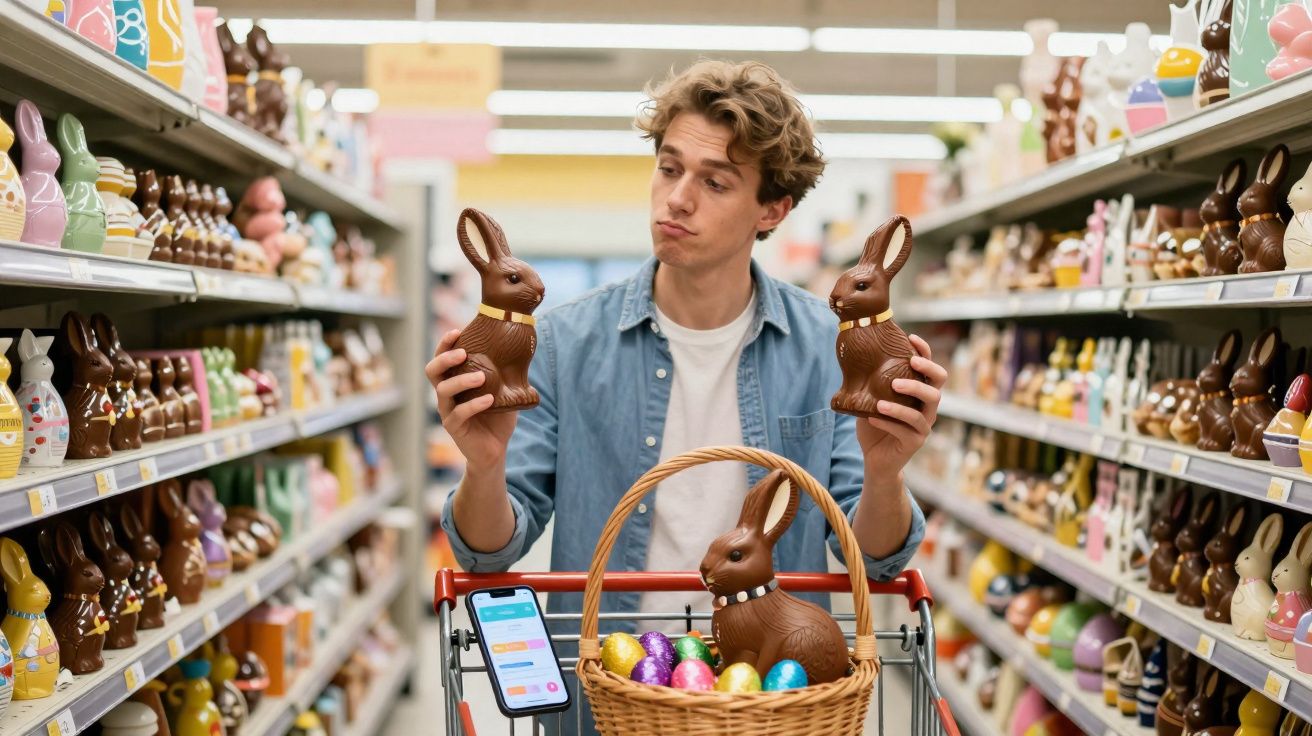 Homem com camiseta branca e camisa azul escolhe entre dois coelhos de chocolate em supermercado decorado para Páscoa.