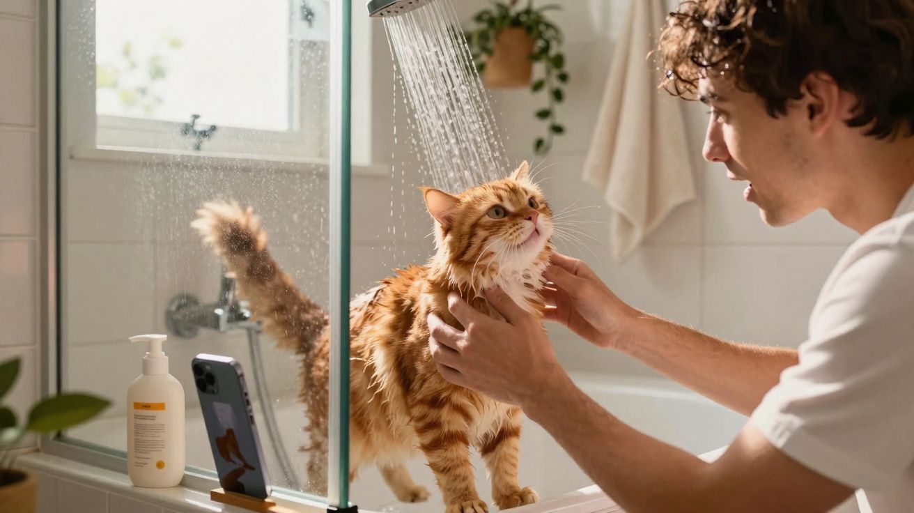 Homem dando banho em gato ruivo em chuveiro no banheiro iluminado por luz natural.
