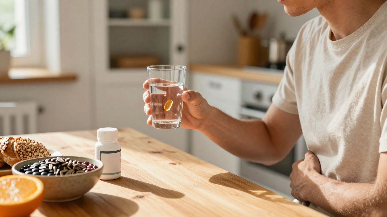 Pessoa segurando copo com comprimido caindo na água em cozinha iluminada.