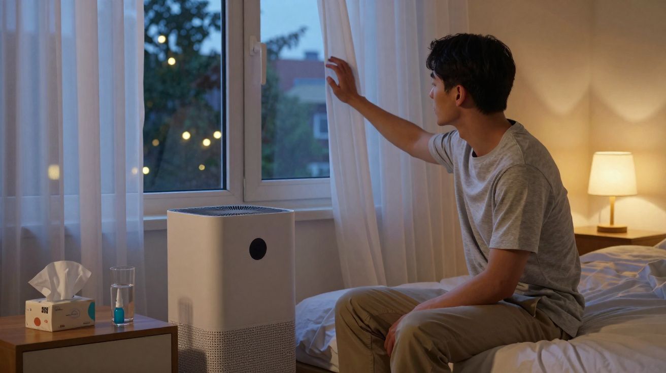 Homem sentado na cama abrindo cortina para olhar pela janela em um quarto à noite.