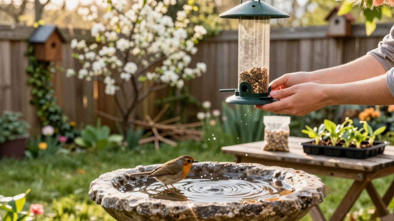 Pessoa segurando comedouro enquanto pássaro toma banho em fonte de pedra num jardim ensolarado.