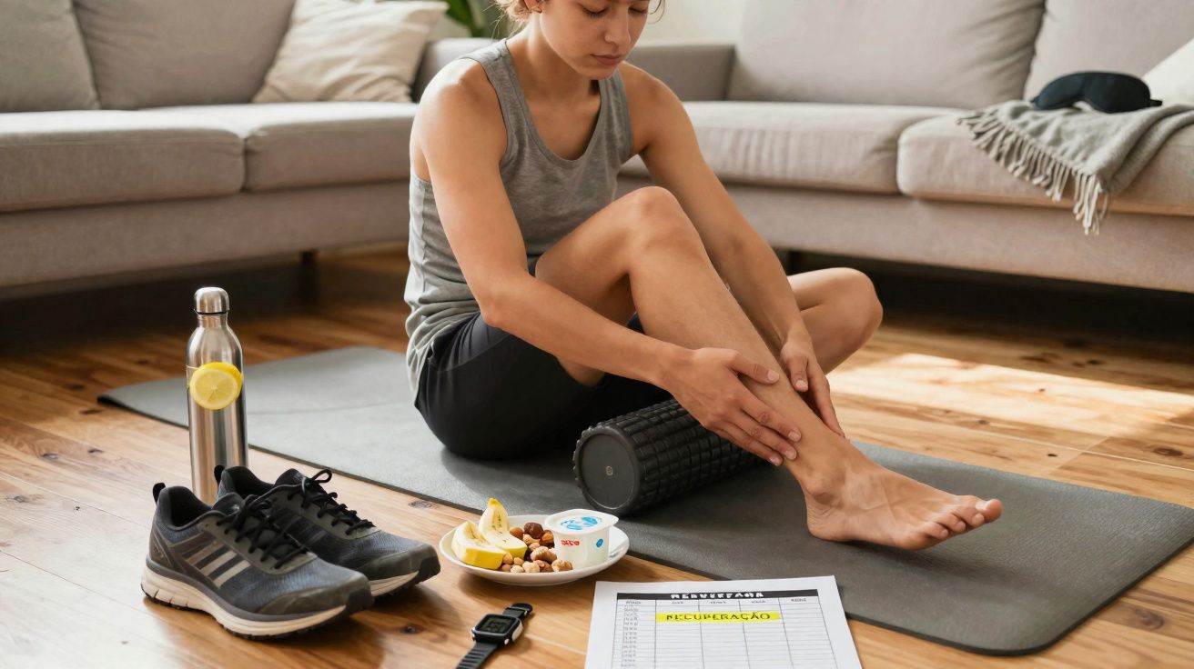 Mulher sentada no tapete massageando a perna após treino, com tênis, garrafa e lanche ao lado.