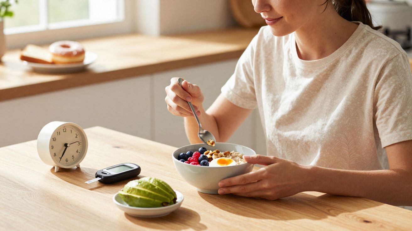 Mulher comendo café da manhã saudável com frutas, ovos e abacate, ao lado de um relógio e um medidor de glicose.