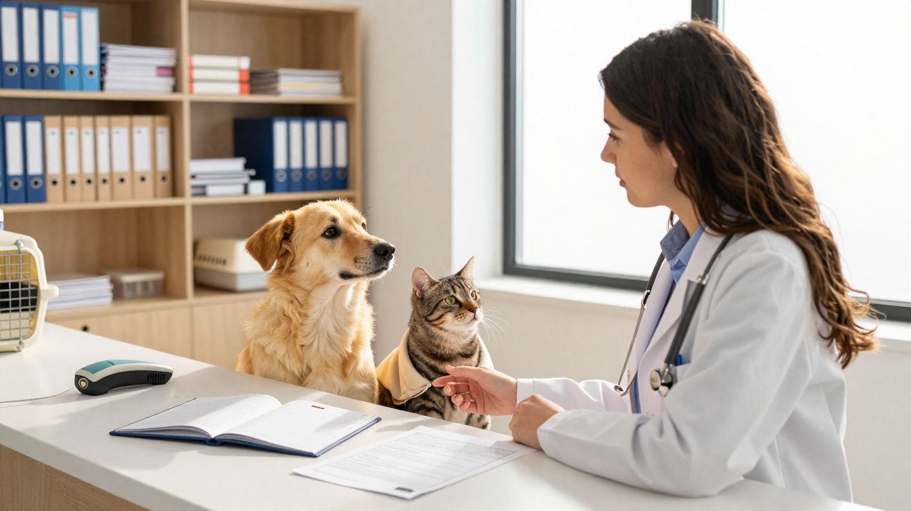 Veterinária consultando cão e gato em mesa com documentos e livros ao fundo.