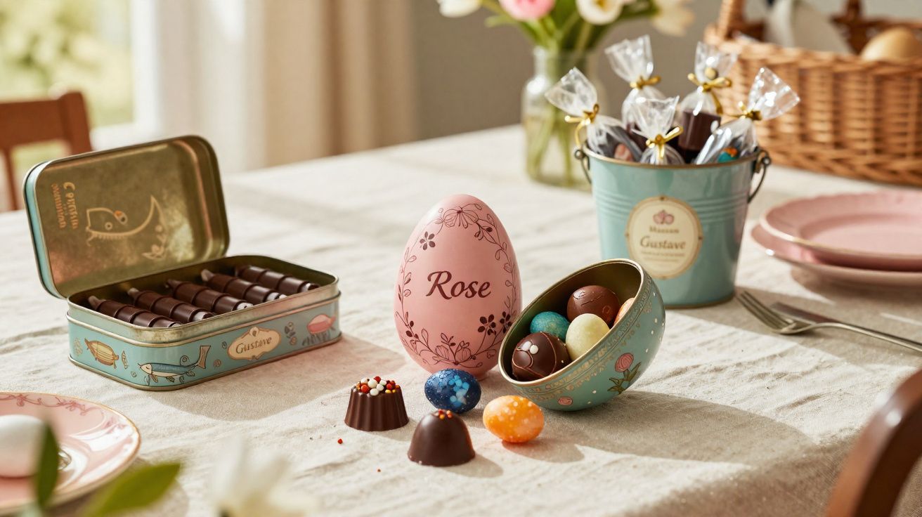 Mesa com ovos e bombons de chocolate em embalagem decorativa e cesta ao fundo.