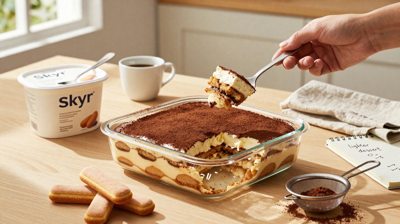 Mão pegando colherada de tiramisu em travessa, com café, biscoitos e iogurte sobre mesa de madeira.