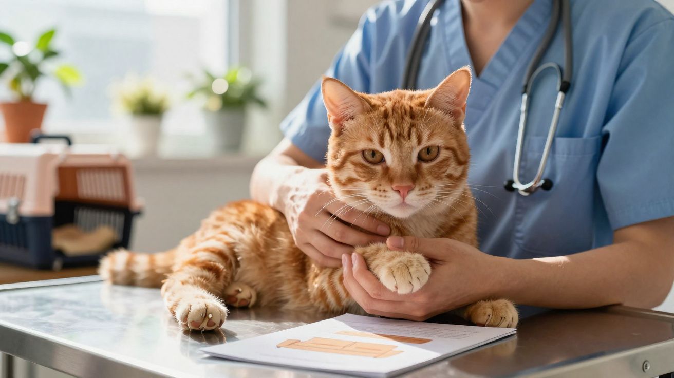 Veterinário em uniforme azul examinando gato laranja em mesa de clínica veterinária.