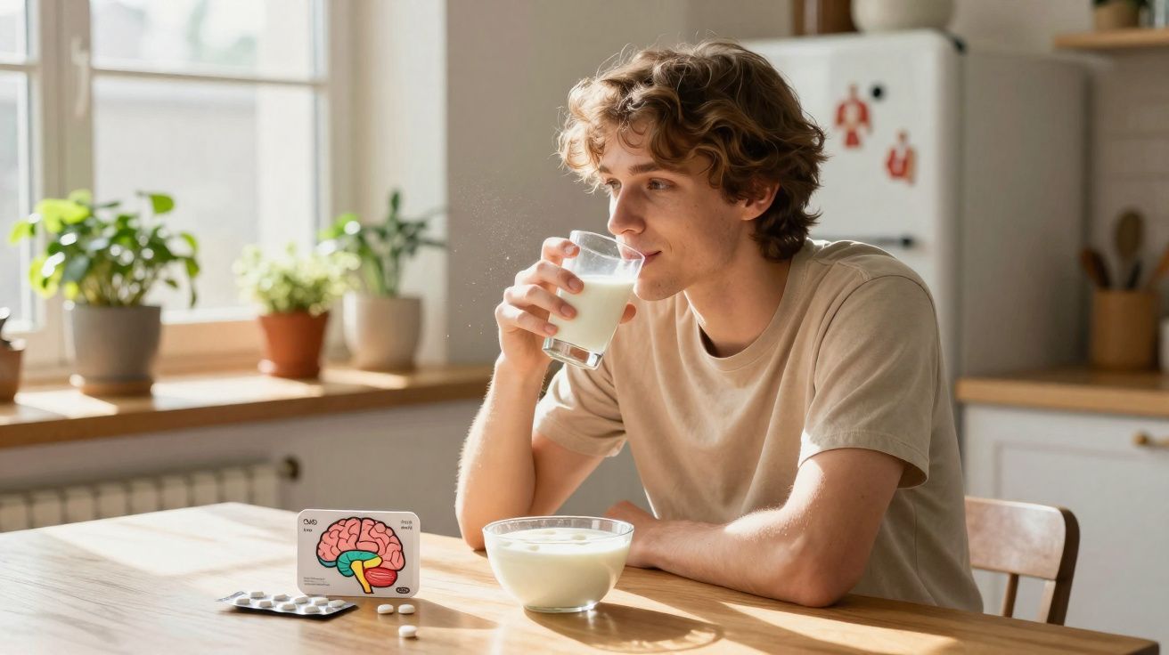 Jovem sentado à mesa bebendo leite, com comprimidos e imagem de cérebro sobre a mesa em cozinha iluminada.