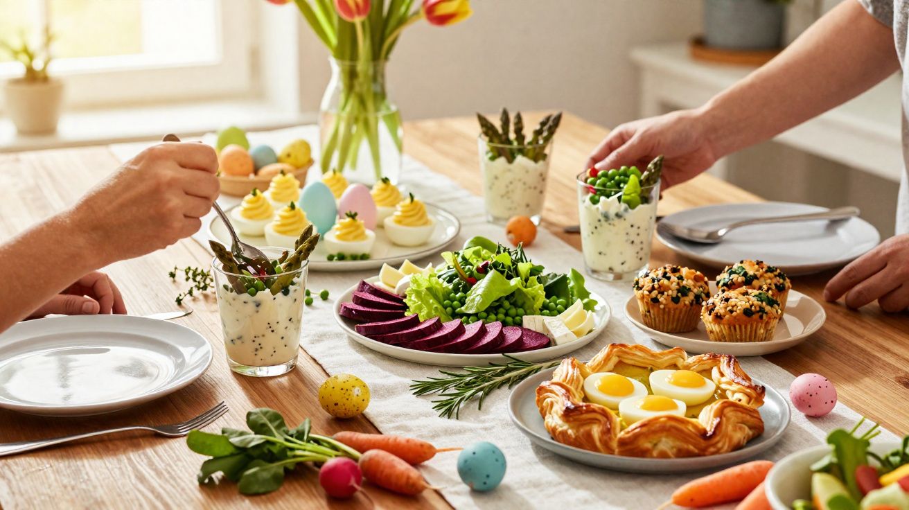 Mesa com comida saudável, doce de ovos, muffins, ovos de páscoa coloridos e pessoas servindo-se.