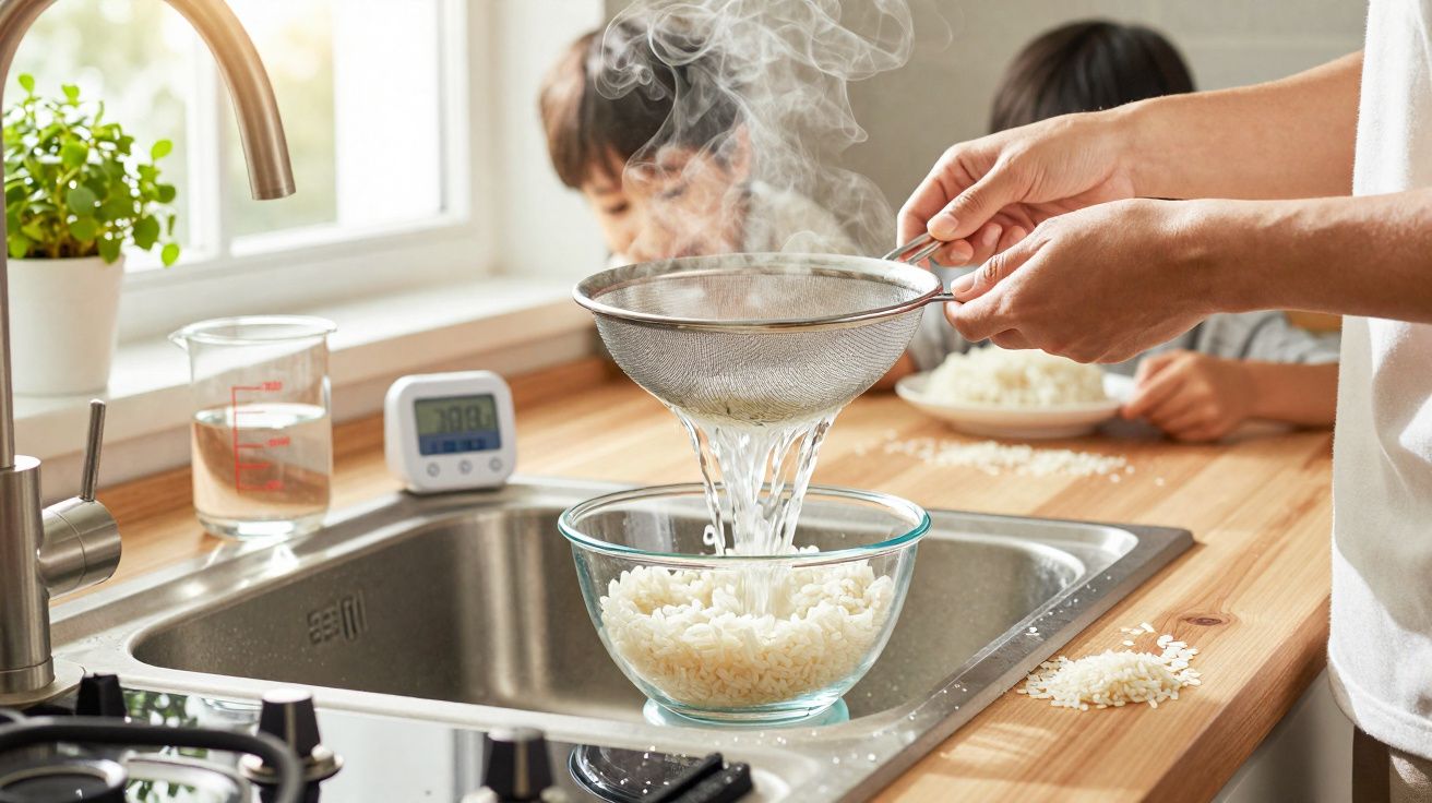 Pessoa coando arroz quente em peneira sobre tigela de vidro na cozinha, enquanto duas crianças estão ao fundo.