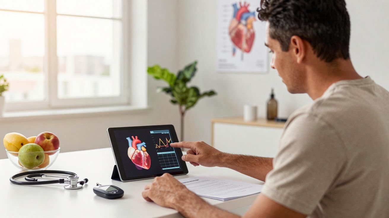 Homem analisando dados cardíacos em tablet, com estetoscópio e frutas sobre a mesa.