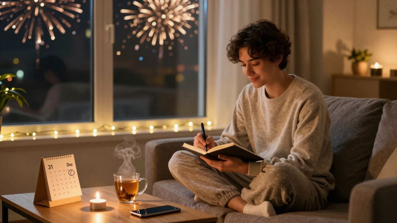 Pessoa jovem escrevendo em diário no sofá com fogo de artifício visível pela janela à noite.