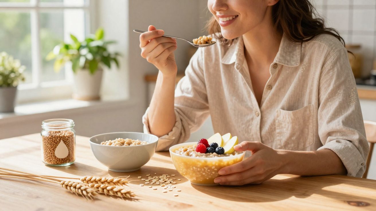 Mulher sorrindo comendo mingau em tigela com frutas, sentada à mesa de madeira próxima à janela.