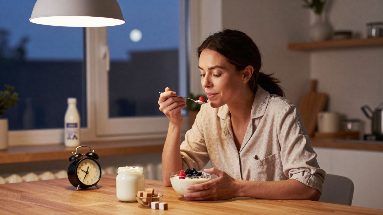 Mulher com pijama comendo tigela de iogurte e frutas à mesa de madeira em cozinha à noite.