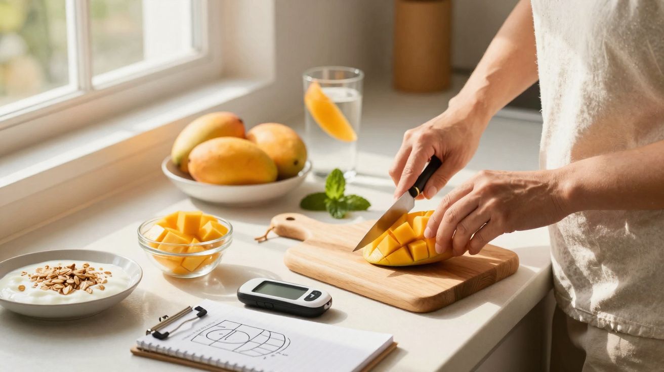 Pessoa cortando manga em cubos sobre tábua de madeira na cozinha iluminada por janela.