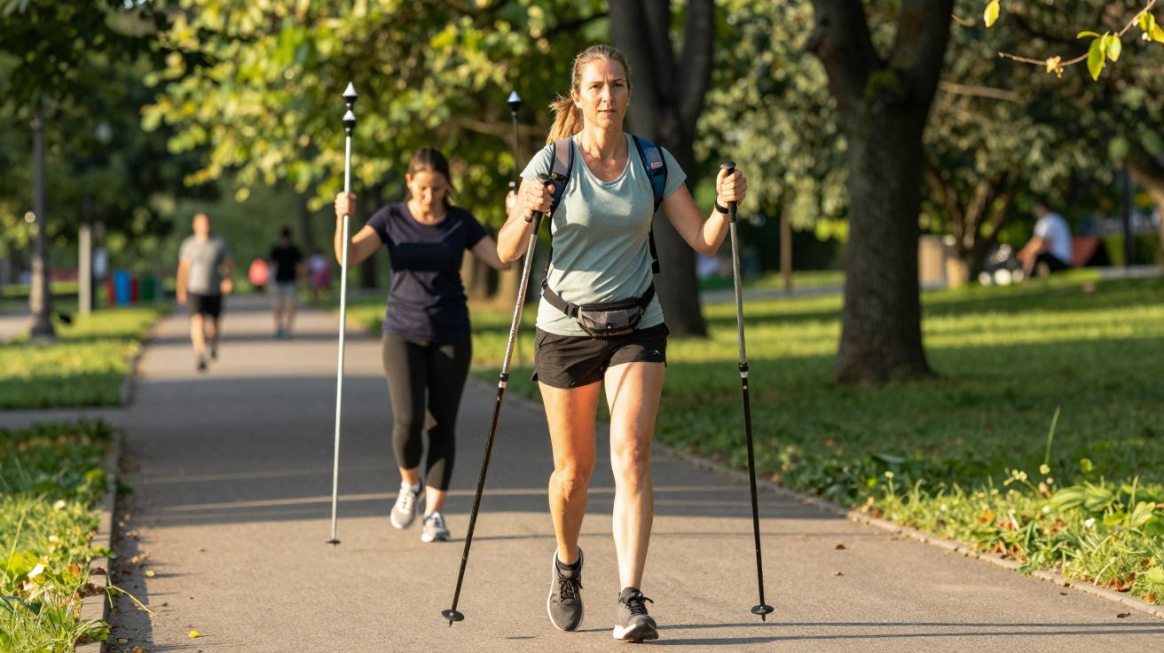 Duas mulheres praticando caminhada com bastões em parque urbano ensolarado, cercado por árvores e vegetação.