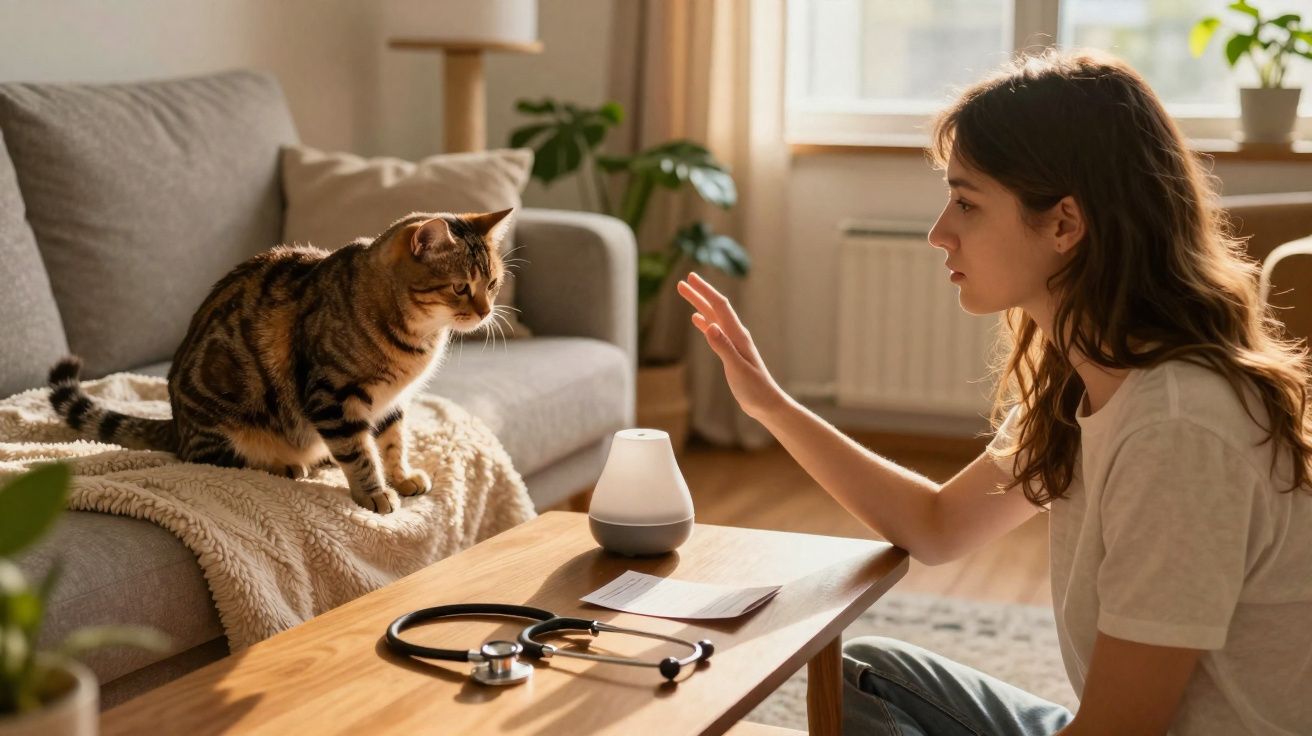 Mulher sentada conversando com gato no sofá, com estetoscópio sobre mesa de madeira à frente.