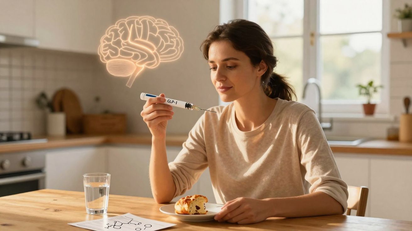 Mulher segurando seringa de GLP-1 na cozinha, com desenho de cérebro iluminado ao fundo.