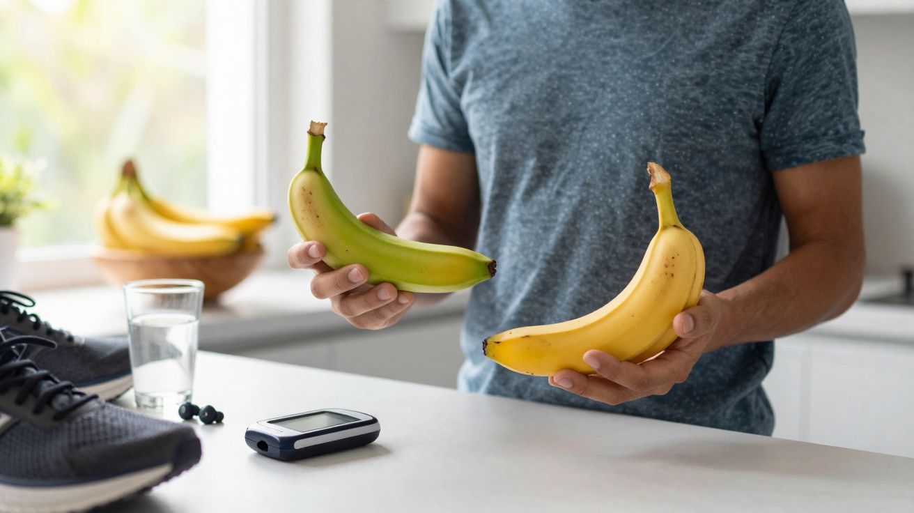 Pessoa segurando bananas verde e madura em cozinha, com tênis, água e medidor sobre a mesa.