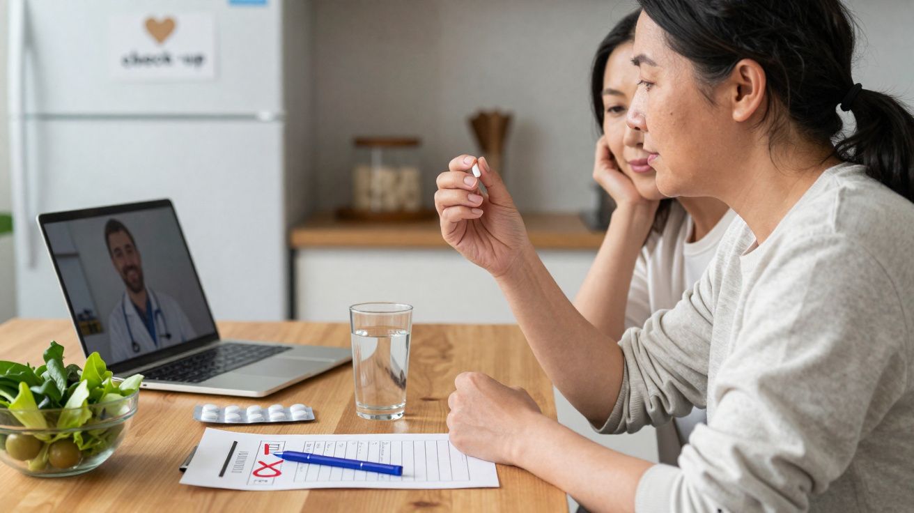 Duas mulheres em consulta médica online, uma segurando um comprimido, com laptop, remédios e alimentos na mesa.