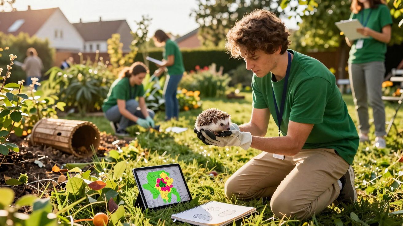 Jovem segurando um ouriço-cacheiro durante pesquisa em jardim com equipe em roupas verdes e tablet.