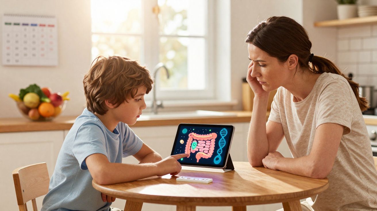 Menino explica sistema digestivo para mulher usando tablet em mesa de cozinha iluminada.