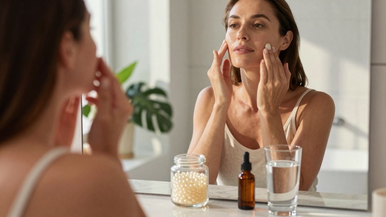 Mulher aplicando creme no rosto em frente ao espelho com frascos e copo de água na bancada.
