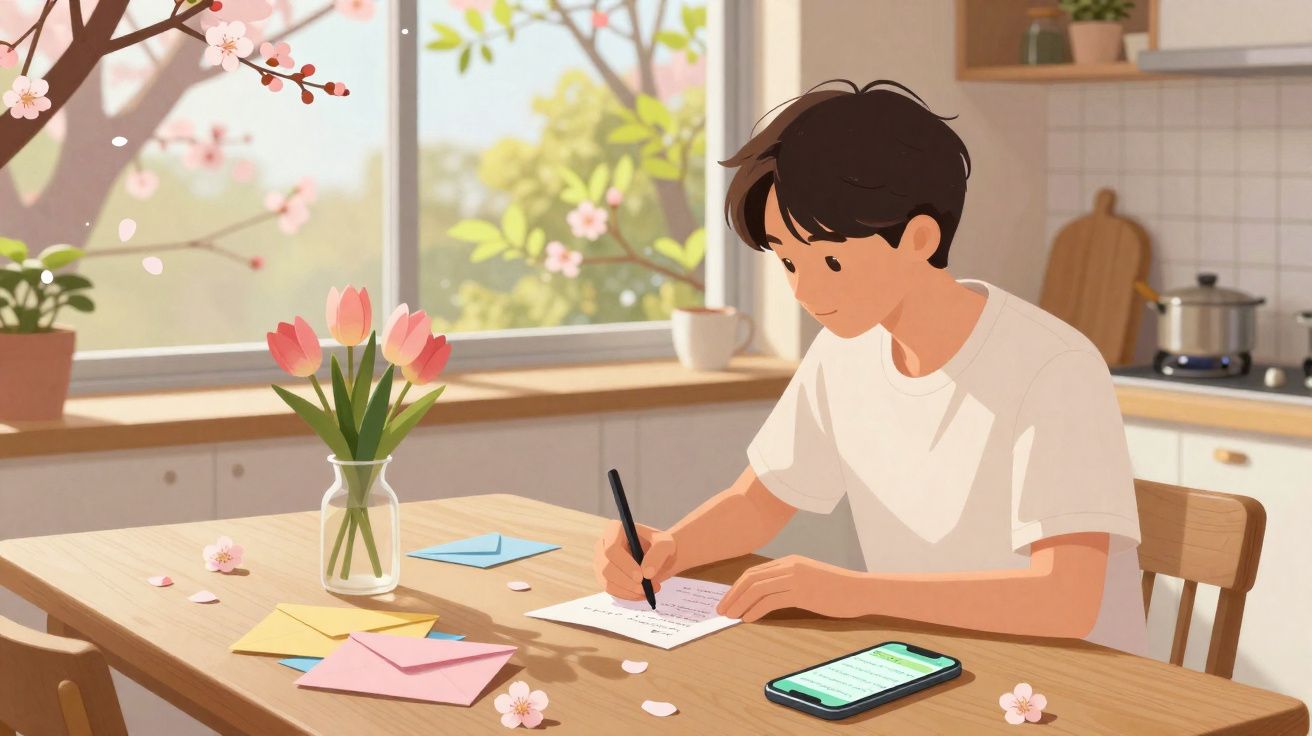 Jovem escrevendo uma carta à mão em uma mesa com flores e envelopes, em um ambiente iluminado pela janela.