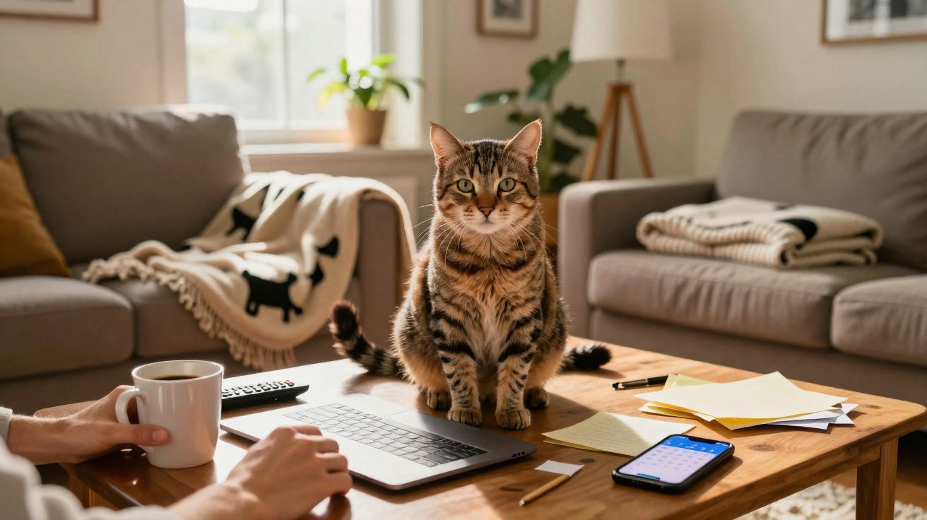 Gato listrado sentado sobre mesa próxima a notebook, celular, papéis e pessoa segurando xícara em sala iluminada.