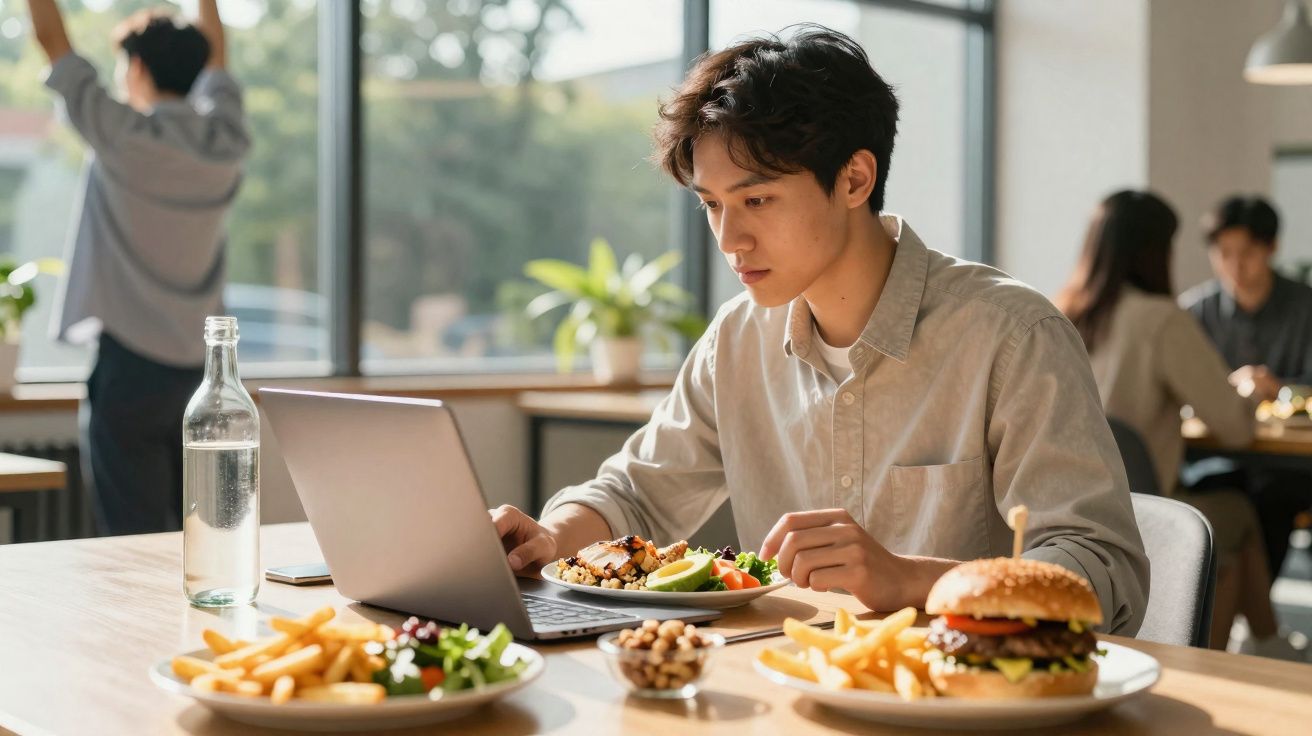 Jovem atento usando laptop enquanto almoça em restaurante com hambúrguer, batatas fritas e salada na mesa.