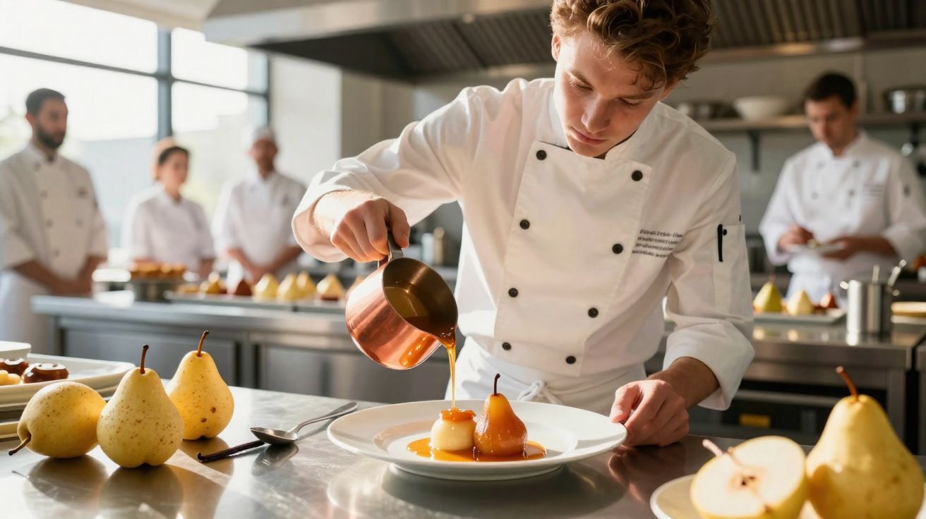 Chef jovem derramando calda sobre sobremesa com pêra em cozinha profissional com outros chefs ao fundo.